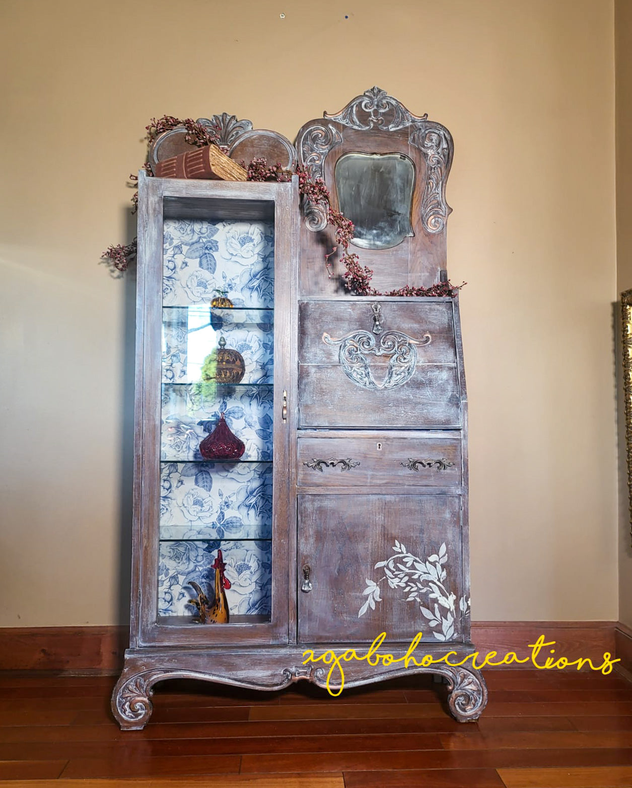 Antique Secretary Desk with Glass Display Cabinet