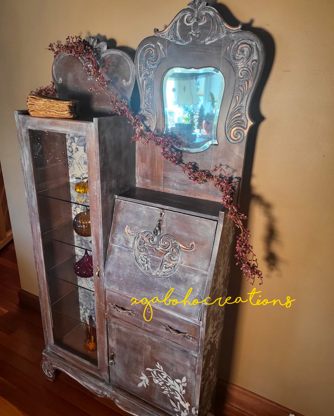 Antique Secretary Desk with Glass Display Cabinet