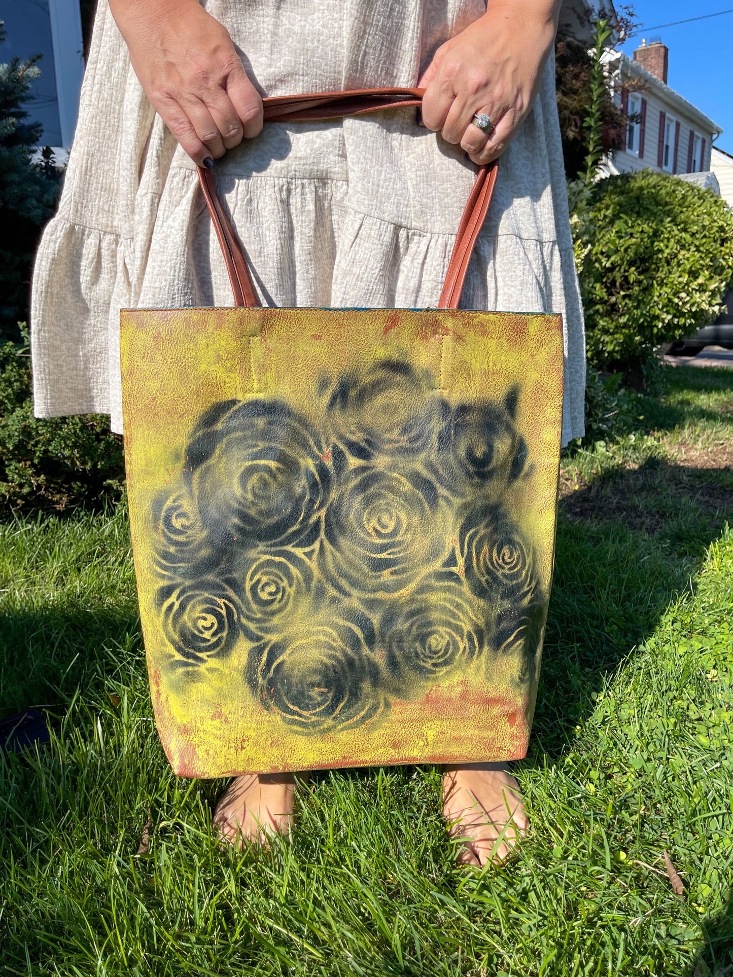 Yellow Floral Leather Shoulder Bag