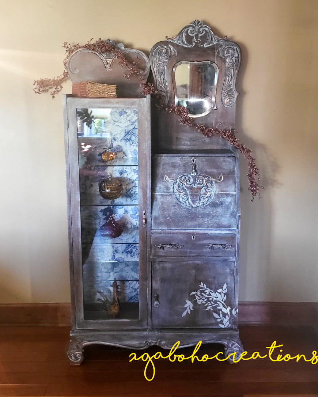 Antique Secretary Desk with Glass Display Cabinet