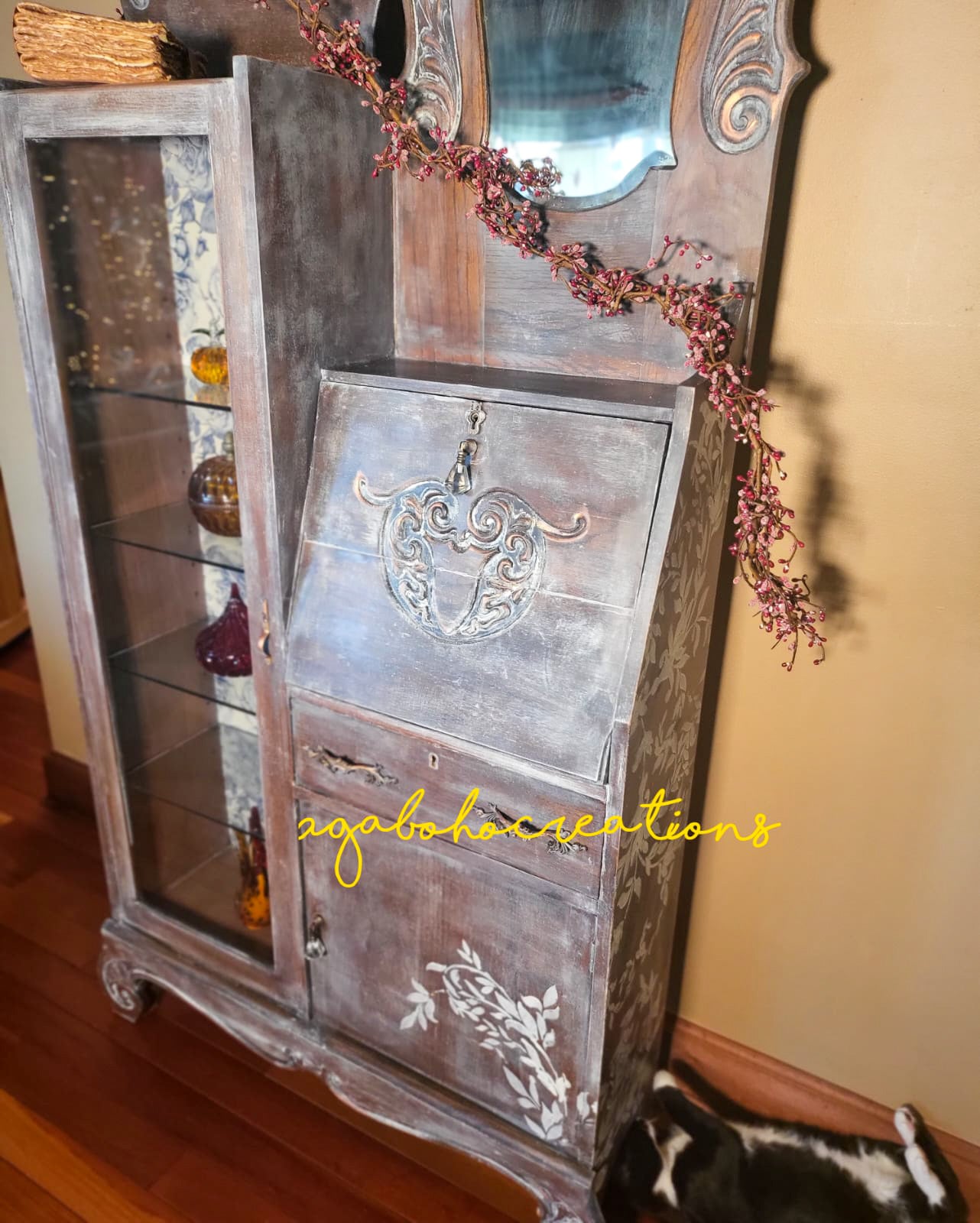 Antique Secretary Desk with Glass Display Cabinet