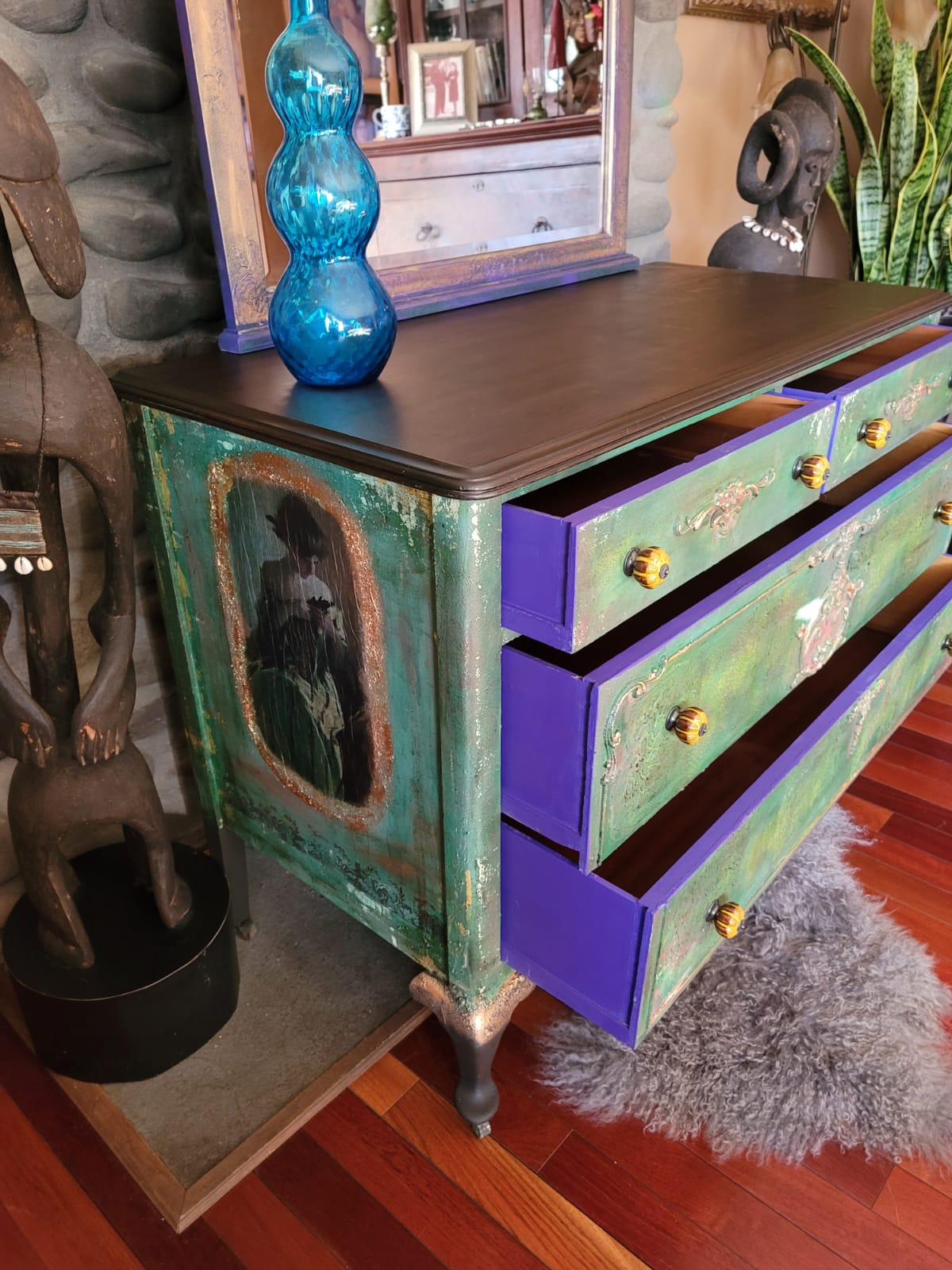 Green and Purple Dresser with Mirror