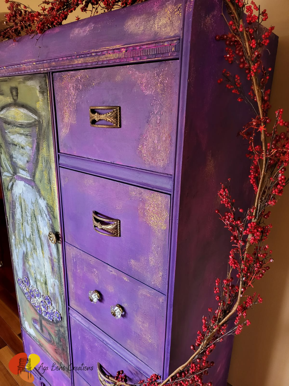 Purple Art Deco Waterfall Chifforobe Armoire