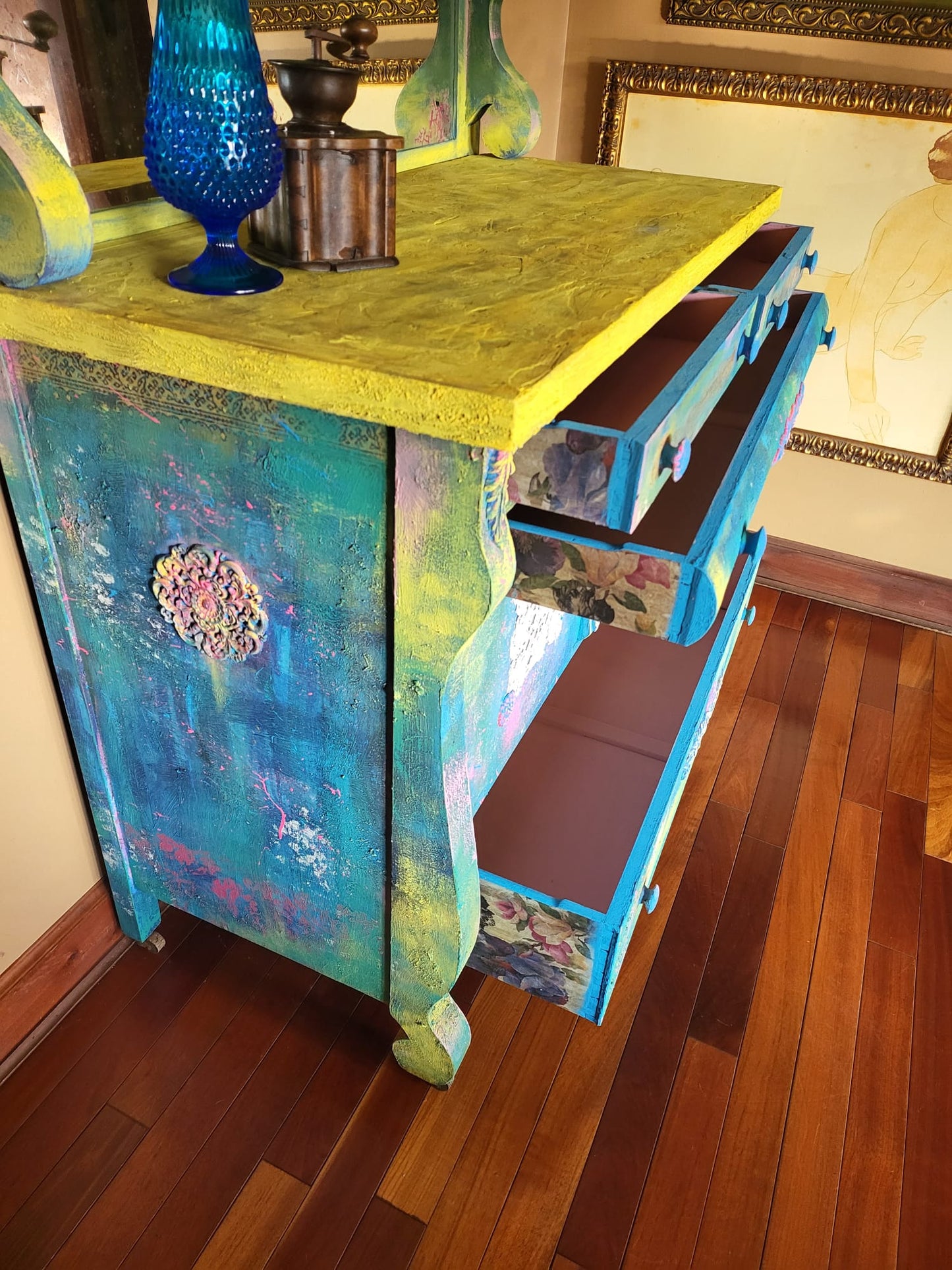 Blue and Yellow Buffet with Mirror