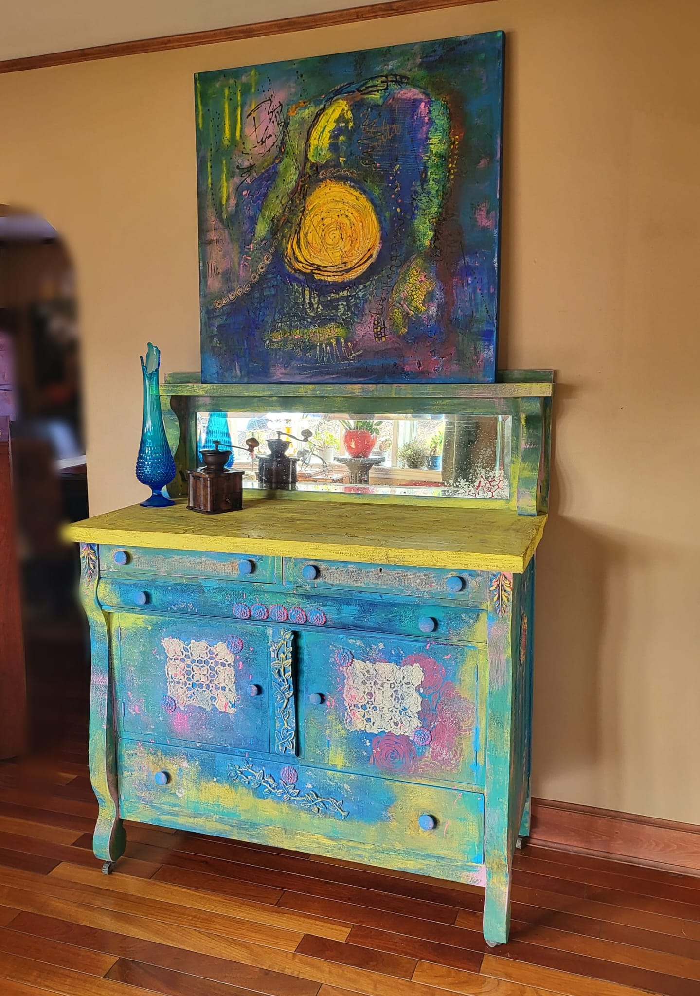 Blue and Yellow Buffet with Mirror