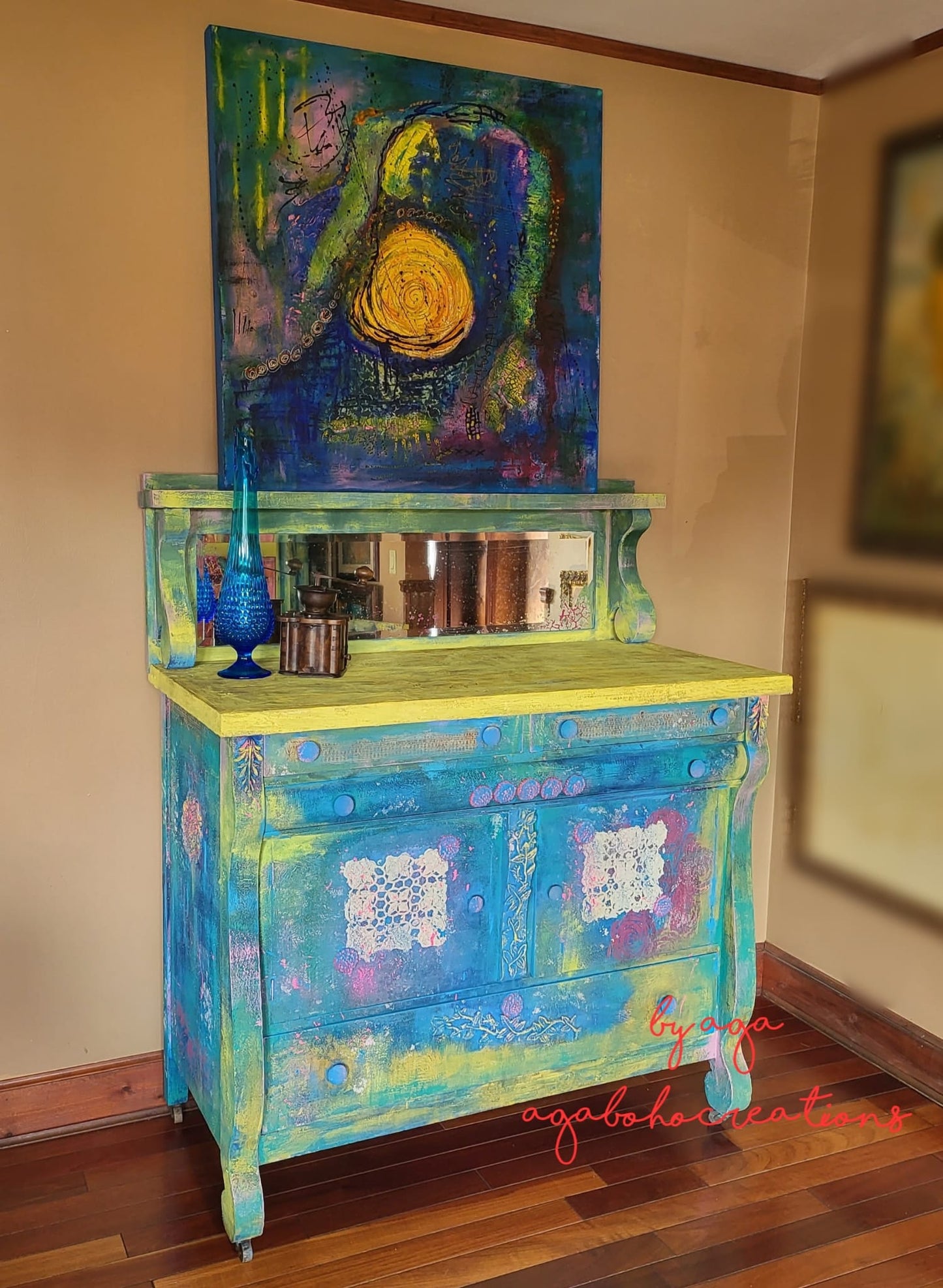 Blue and Yellow Buffet with Mirror
