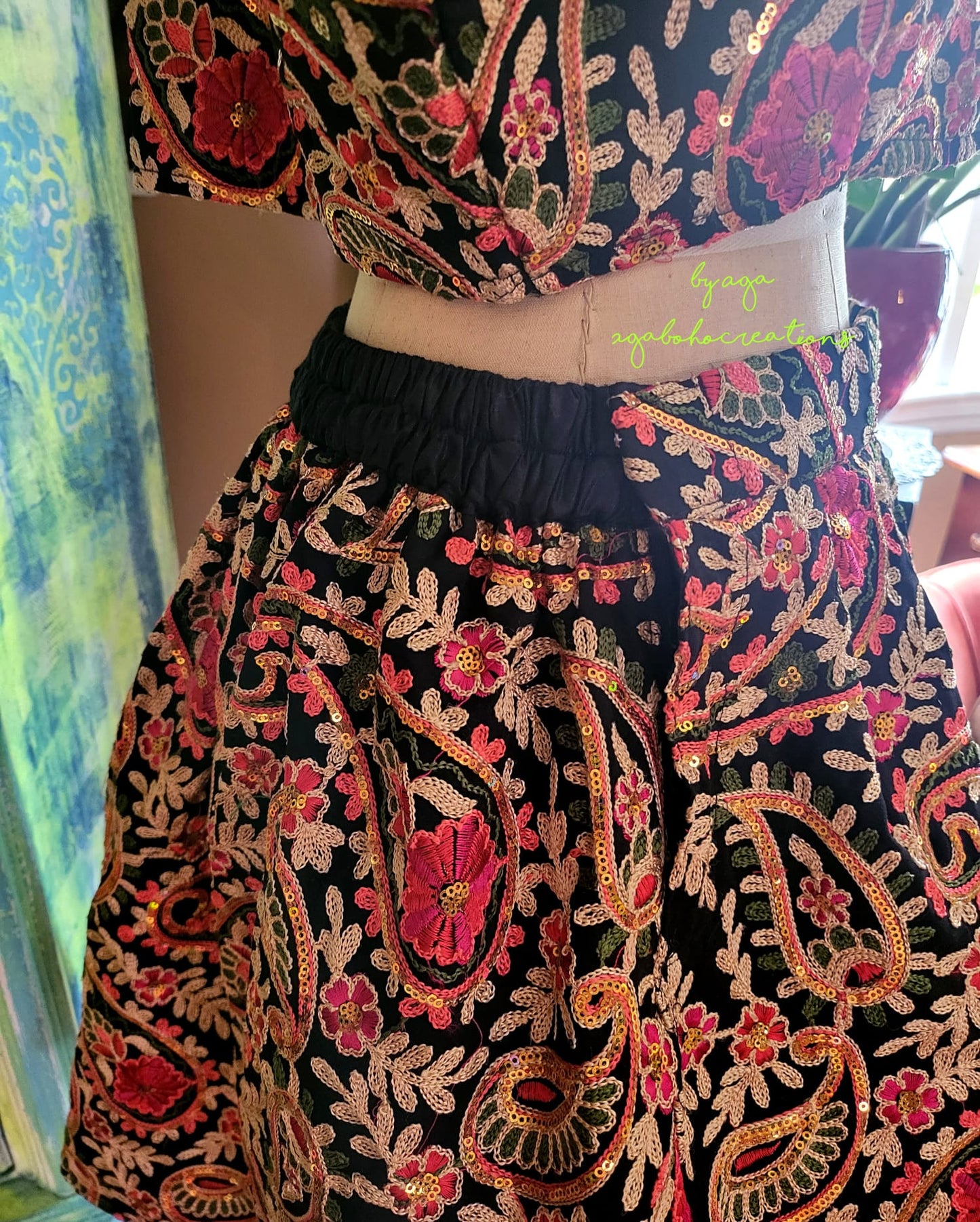 Black Embroidered Boho Skirt