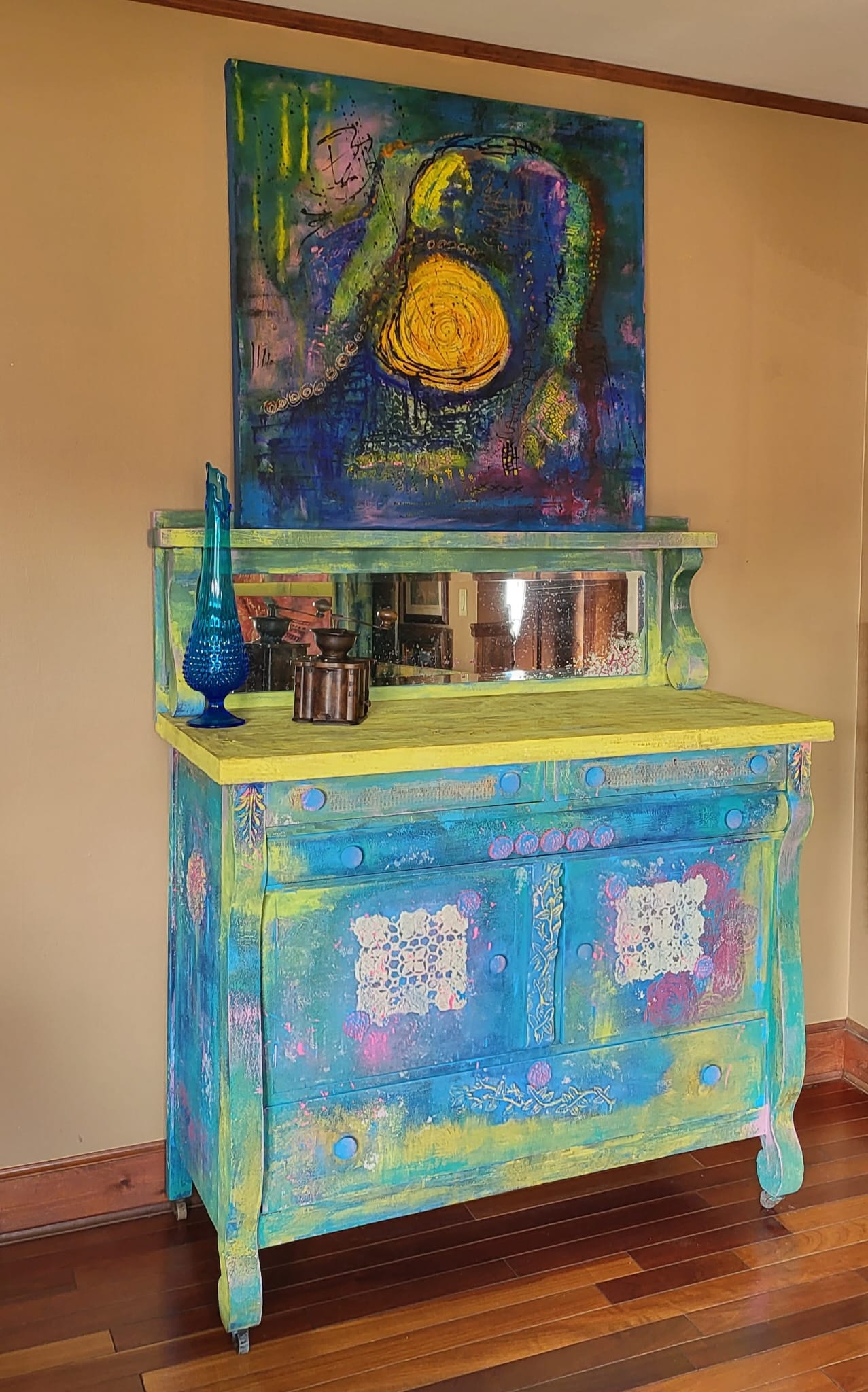 Blue and Yellow Buffet with Mirror