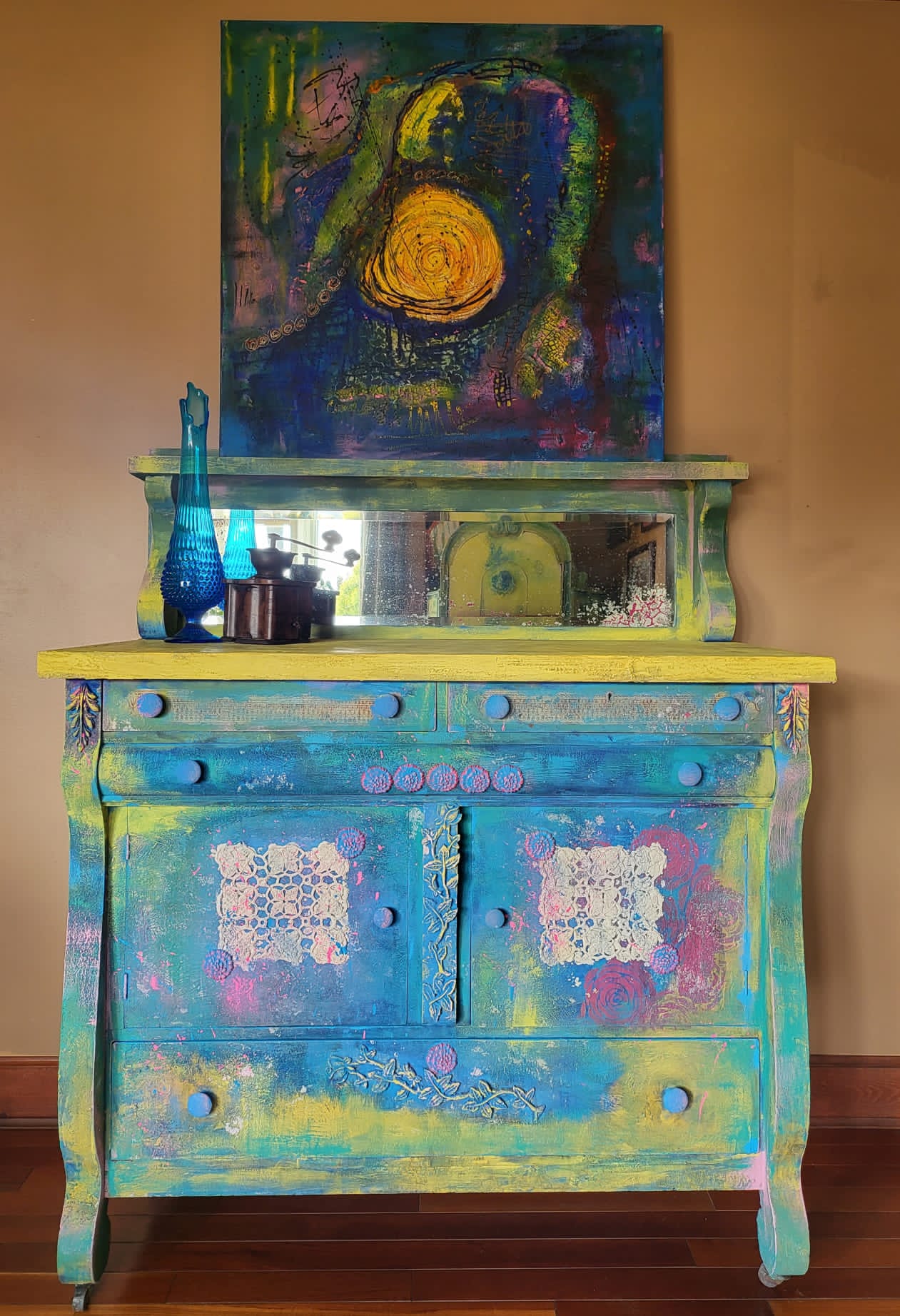 Blue and Yellow Buffet with Mirror